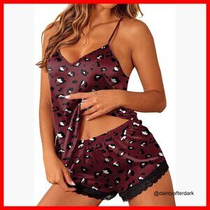 Satin Pajama Set with Lace Trim, V-Neck Cami and Shorts